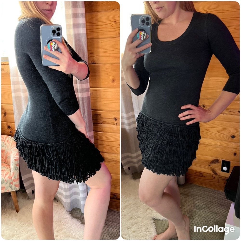 Calvin Klein long sleeve sweater dress, mini fringe charcoal, gray small scoop